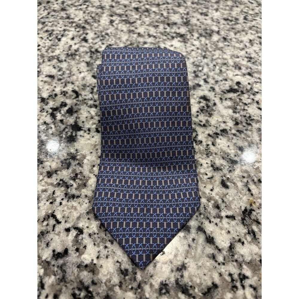 Hermes Navy Blue Gray Interlinking Pattern Tie 100% Silk Made In France